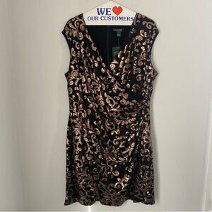 LAUREN RALPH LAUREN Sequined Metallic Surplice Midi V Neck Dress Black 22W